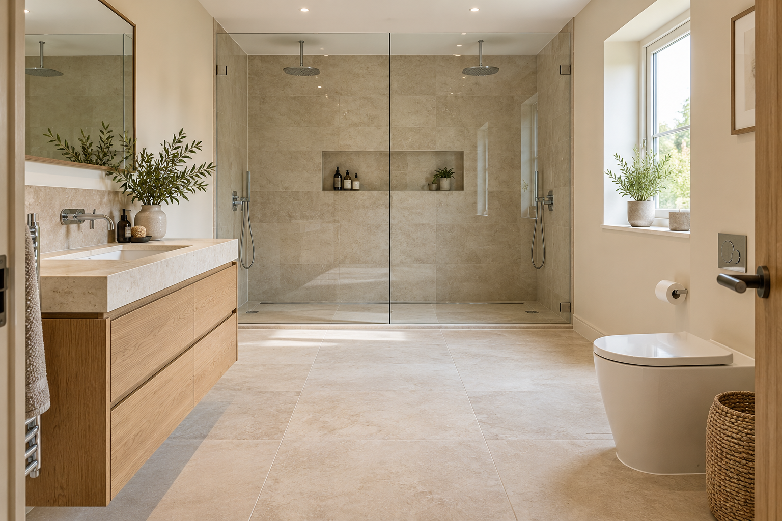 AI-generated bathroom layout: Across the far wall